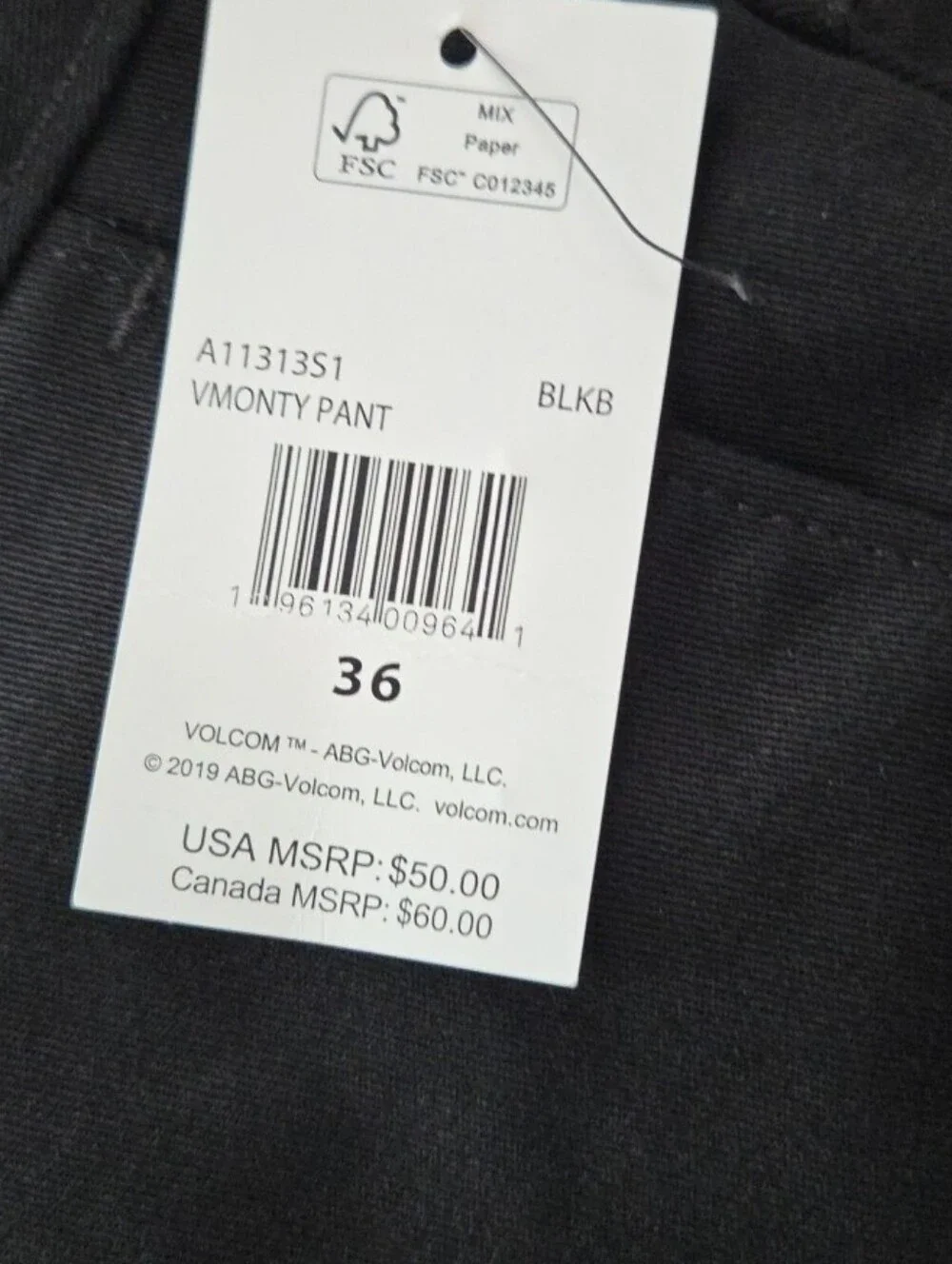 Volcom Vmonty Men's Black Chino Pants, Size 36 NEW
